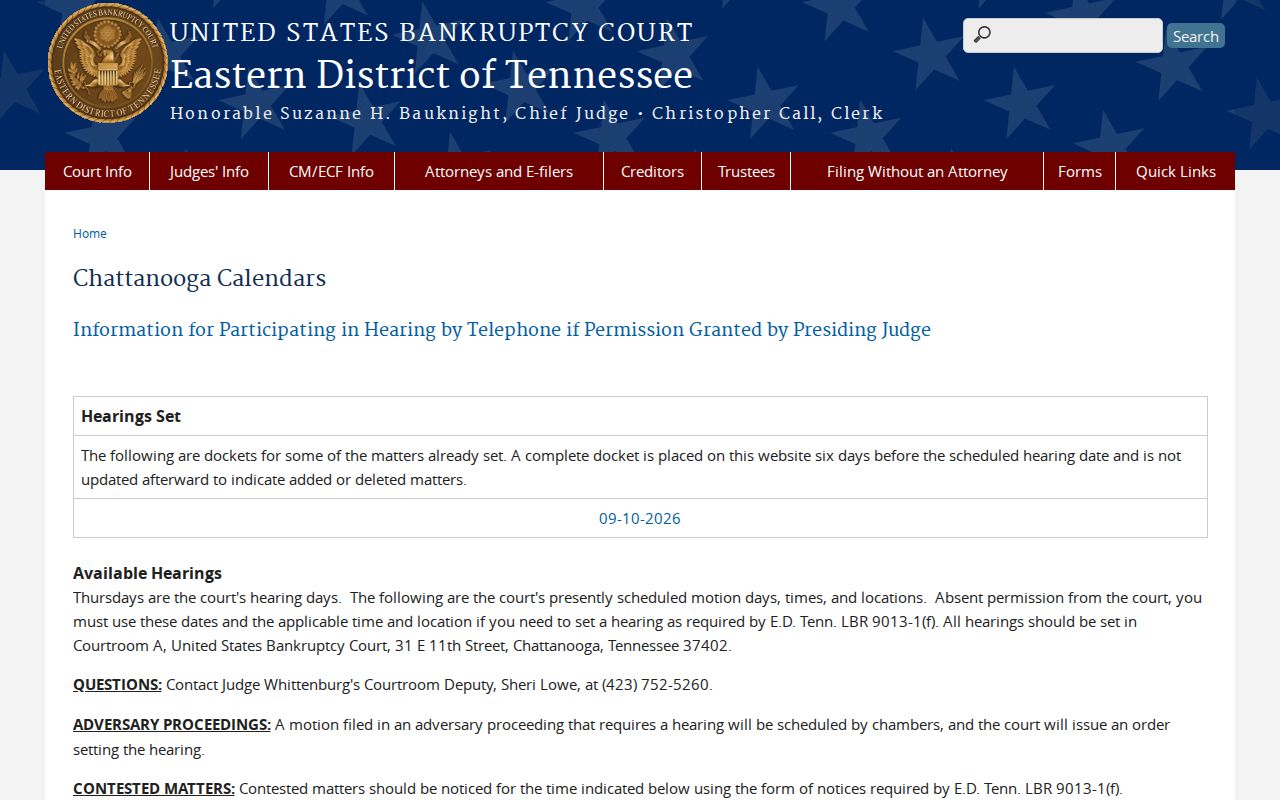Federal bankruptcy calendar rules for McMinn County cases