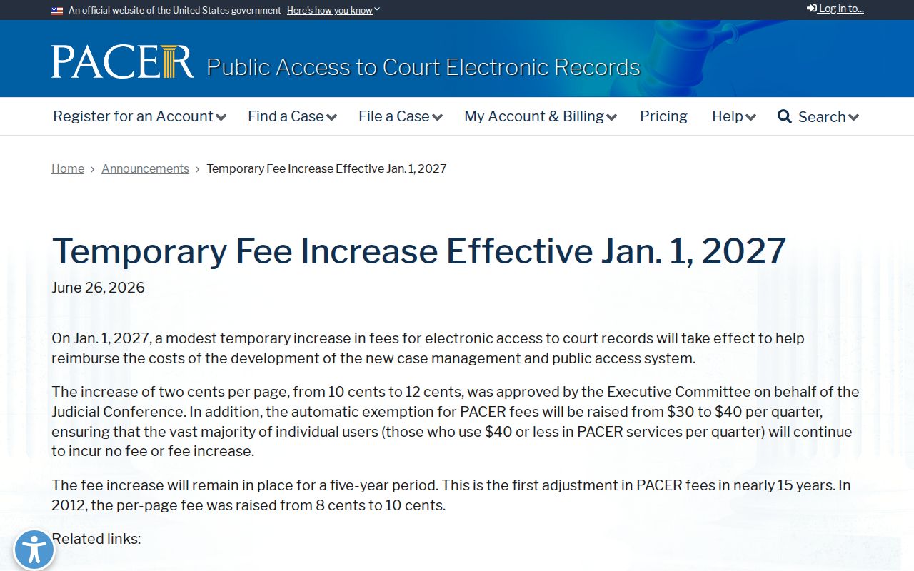 PACER fee change for federal McMinn County court records