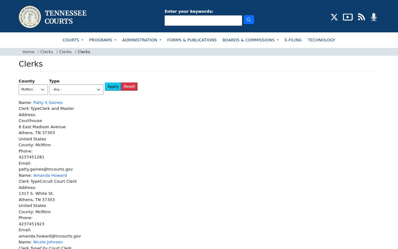 McMinn County court docket state clerk listings